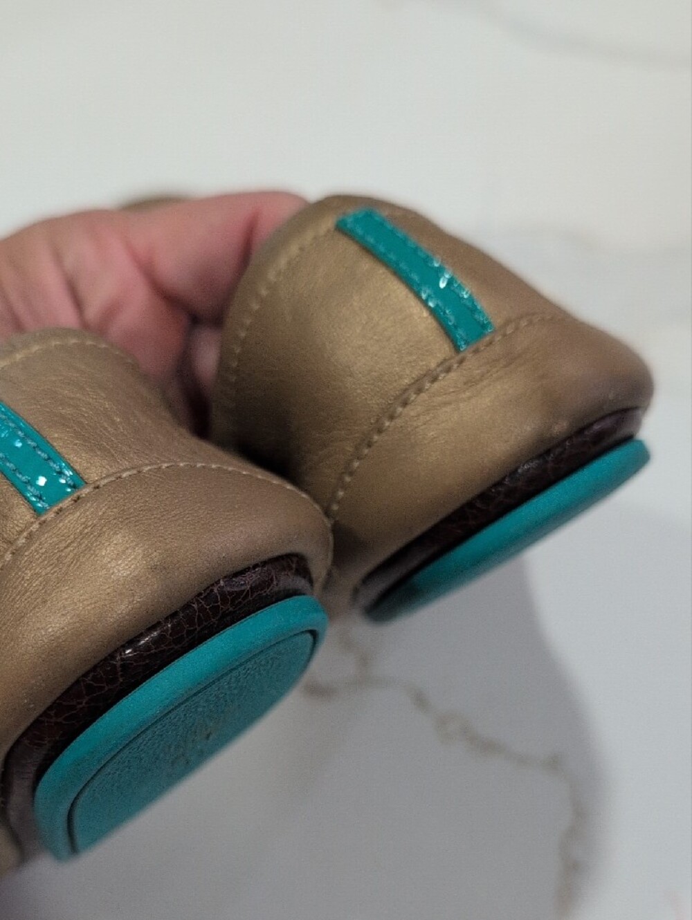 Tieks Gold Ballet Flats with Teal Accent - Picture 4 of 7